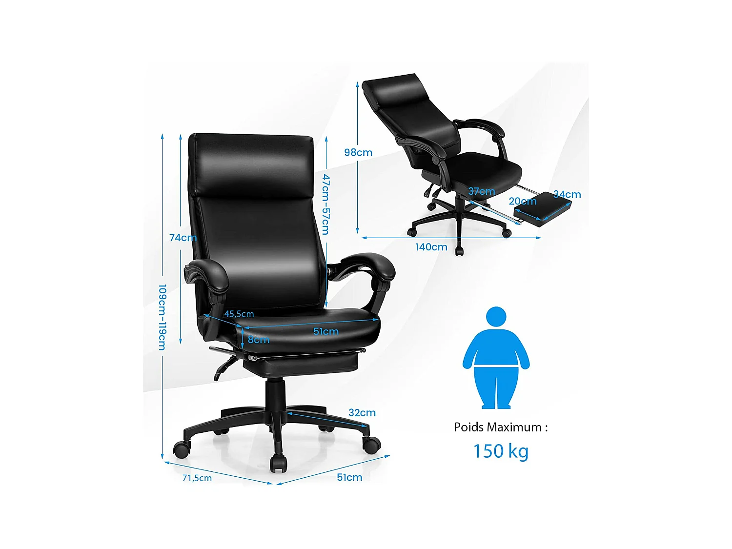 Chaise de Bureau Ergonomique Inclinable Pivotant Réglable en Hauteur avec roulettes Appuie-Tête Accoudoir Repose-Pieds 62 x 71,5 x 109-119 cm Noir