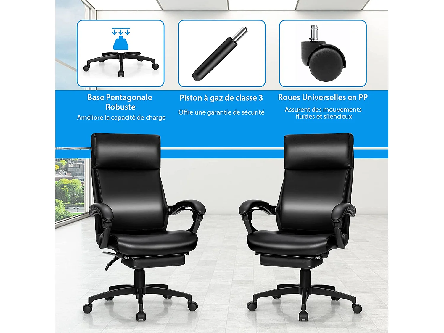 Ergonomische bureaustoel verstelbaar draaibaar in hoogte verstelbaar met wielen hoofdsteun armleuning voetsteun 62 x 71,5 x 109-119 cm zwart