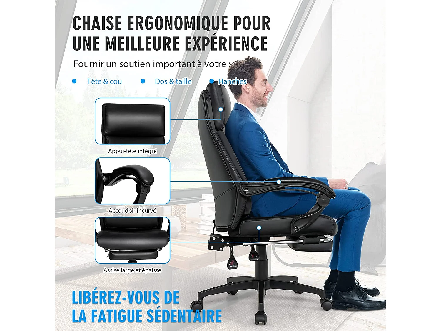 Ergonomische bureaustoel verstelbaar draaibaar in hoogte verstelbaar met wielen hoofdsteun armleuning voetsteun 62 x 71,5 x 109-119 cm zwart