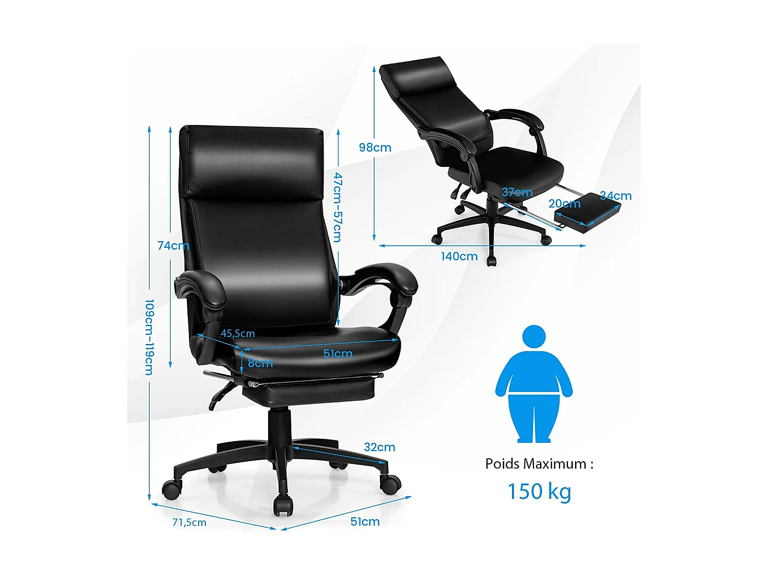 Ergonomische bureaustoel verstelbaar draaibaar in hoogte verstelbaar met wielen hoofdsteun armleuning voetsteun 62 x 71,5 x 109-119 cm zwart