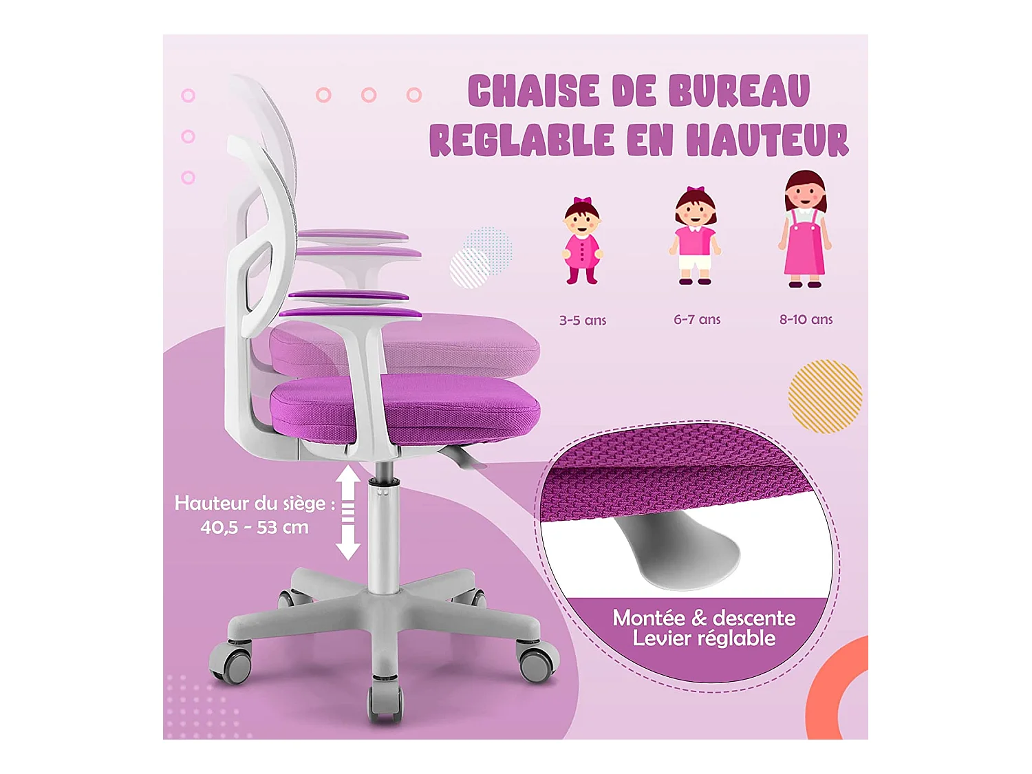 Chaise de Bureau Pivotante Enfants avec Hauteur Réglable 80-91,5cm, Coussin Amovible, 3-10 Ans