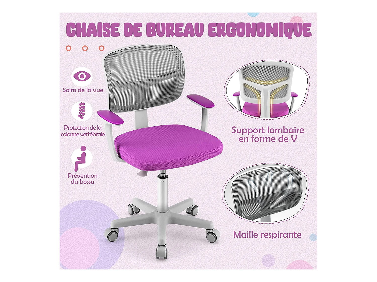 Chaise de Bureau Pivotante Enfants avec Hauteur Réglable 80-91,5cm, Coussin Amovible, 3-10 Ans