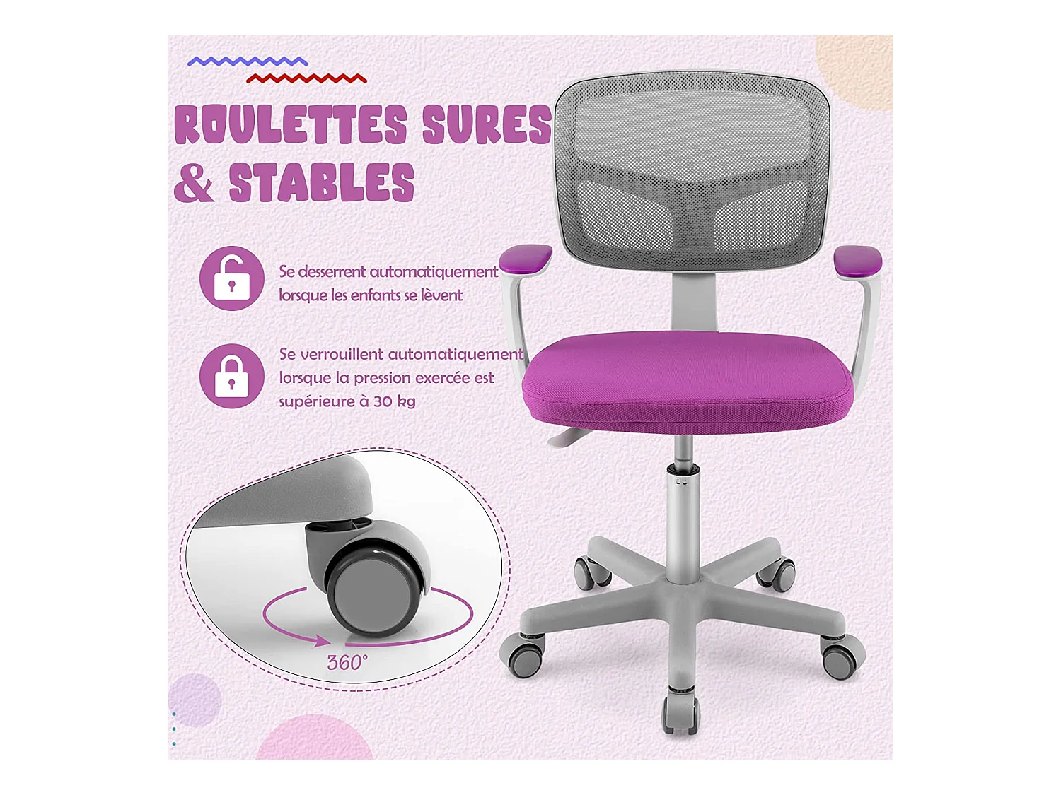 Chaise de Bureau Pivotante Enfants avec Hauteur Réglable 80-91,5cm, Coussin Amovible, 3-10 Ans