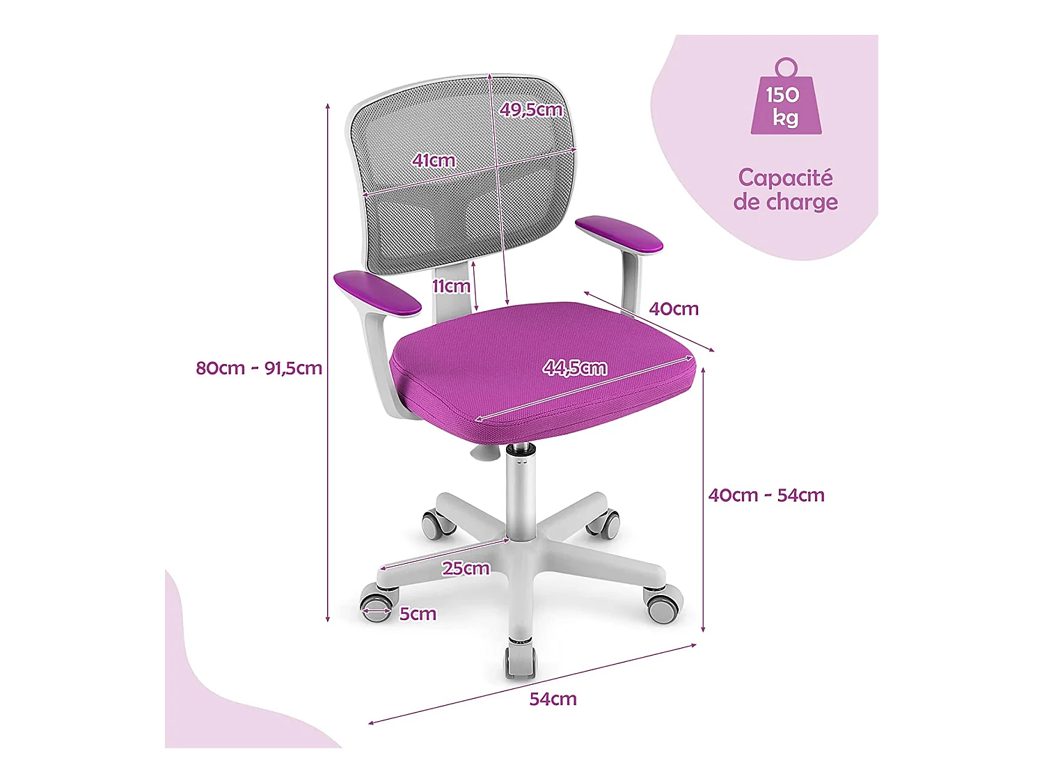 Chaise de Bureau Pivotante Enfants avec Hauteur Réglable 80-91,5cm, Coussin Amovible, 3-10 Ans