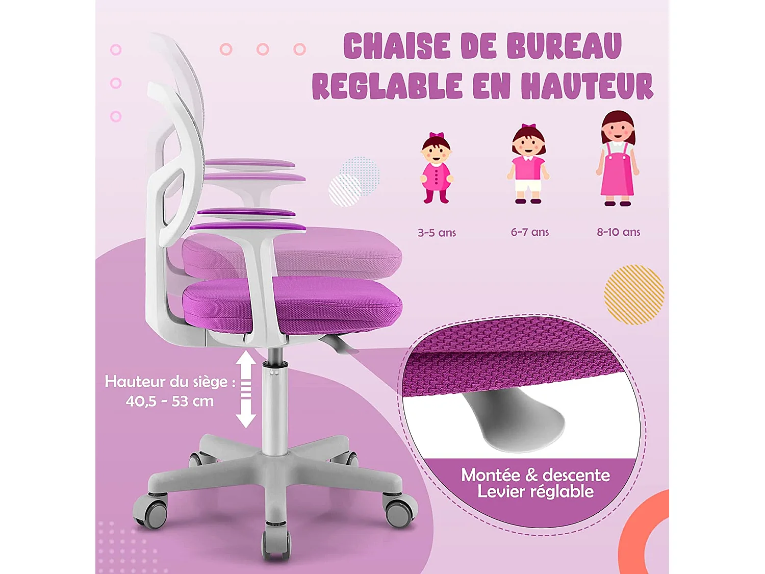 Chaise de Bureau Pivotante Enfants avec Hauteur Réglable 80-91,5cm, Coussin Amovible, 3-10 Ans