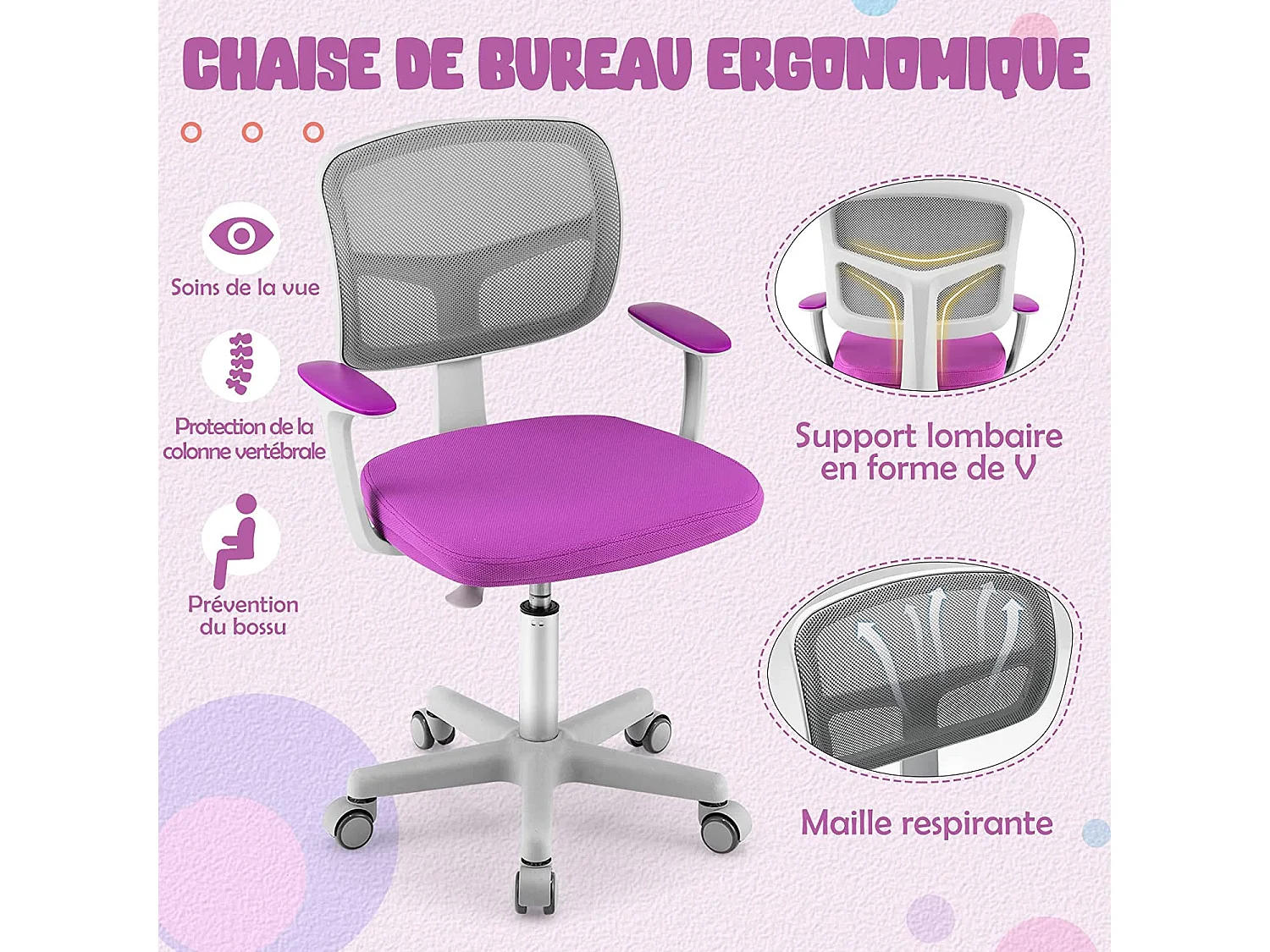 Chaise de Bureau Pivotante Enfants avec Hauteur Réglable 80-91,5cm, Coussin Amovible, 3-10 Ans