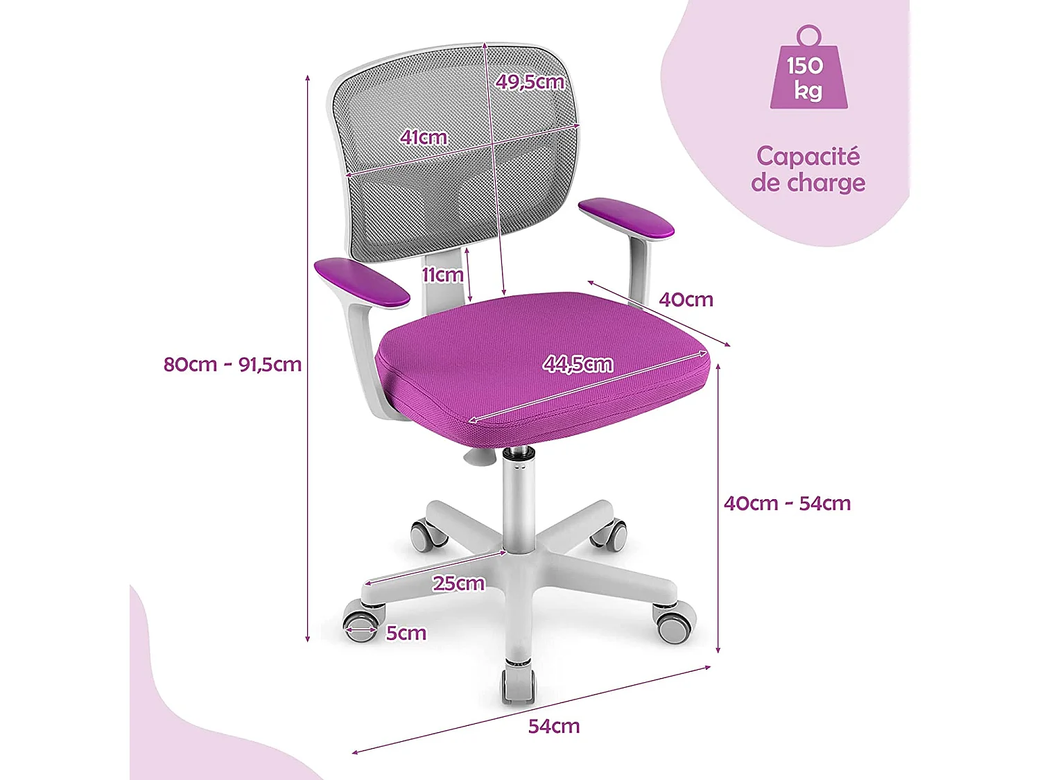 Chaise de Bureau Pivotante Enfants avec Hauteur Réglable 80-91,5cm, Coussin Amovible, 3-10 Ans