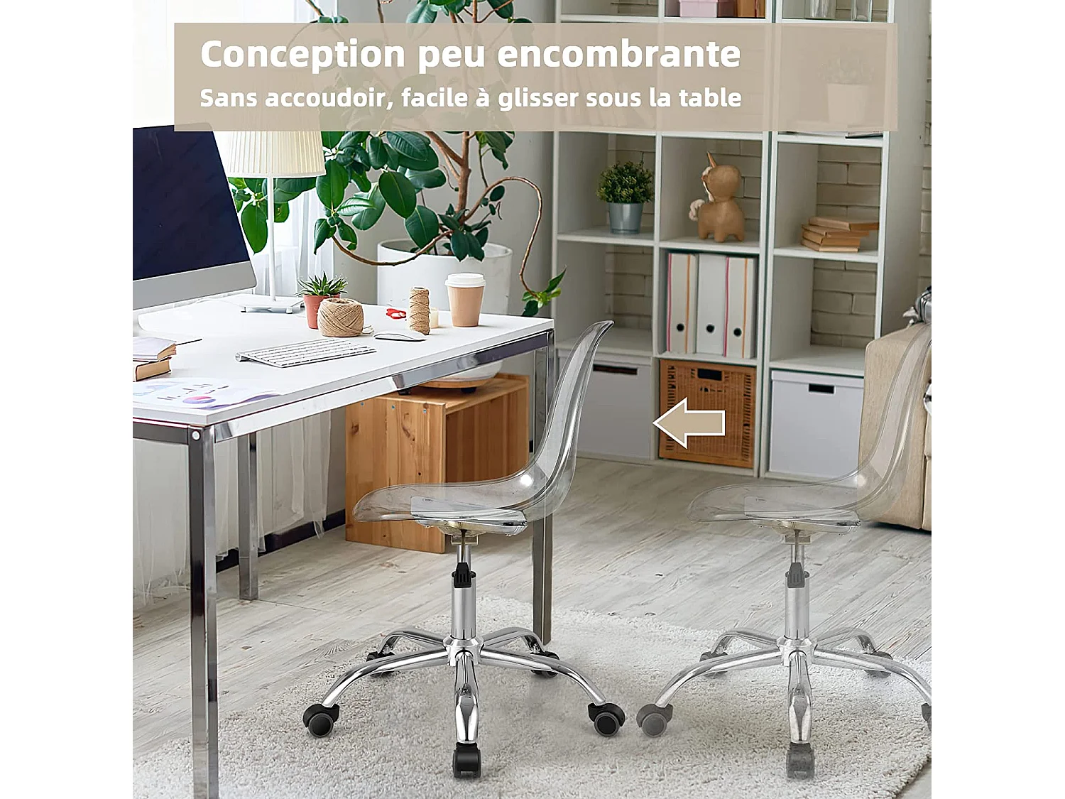 Chaise de Bureau Transparente Style Scandinave, Chaise Pivotante à roulettes Moderne en Acrylique avec Base Chromée Hauteur Réglable 42-52,5 cm