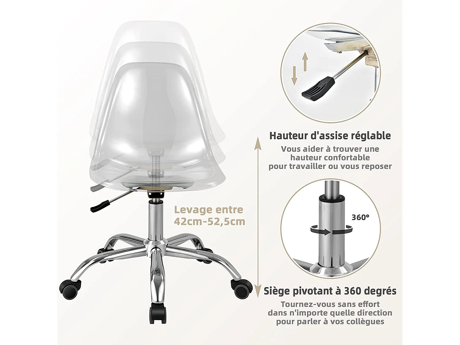 Chaise de Bureau Transparente Style Scandinave, Chaise Pivotante à roulettes Moderne en Acrylique avec Base Chromée Hauteur Réglable 42-52,5 cm