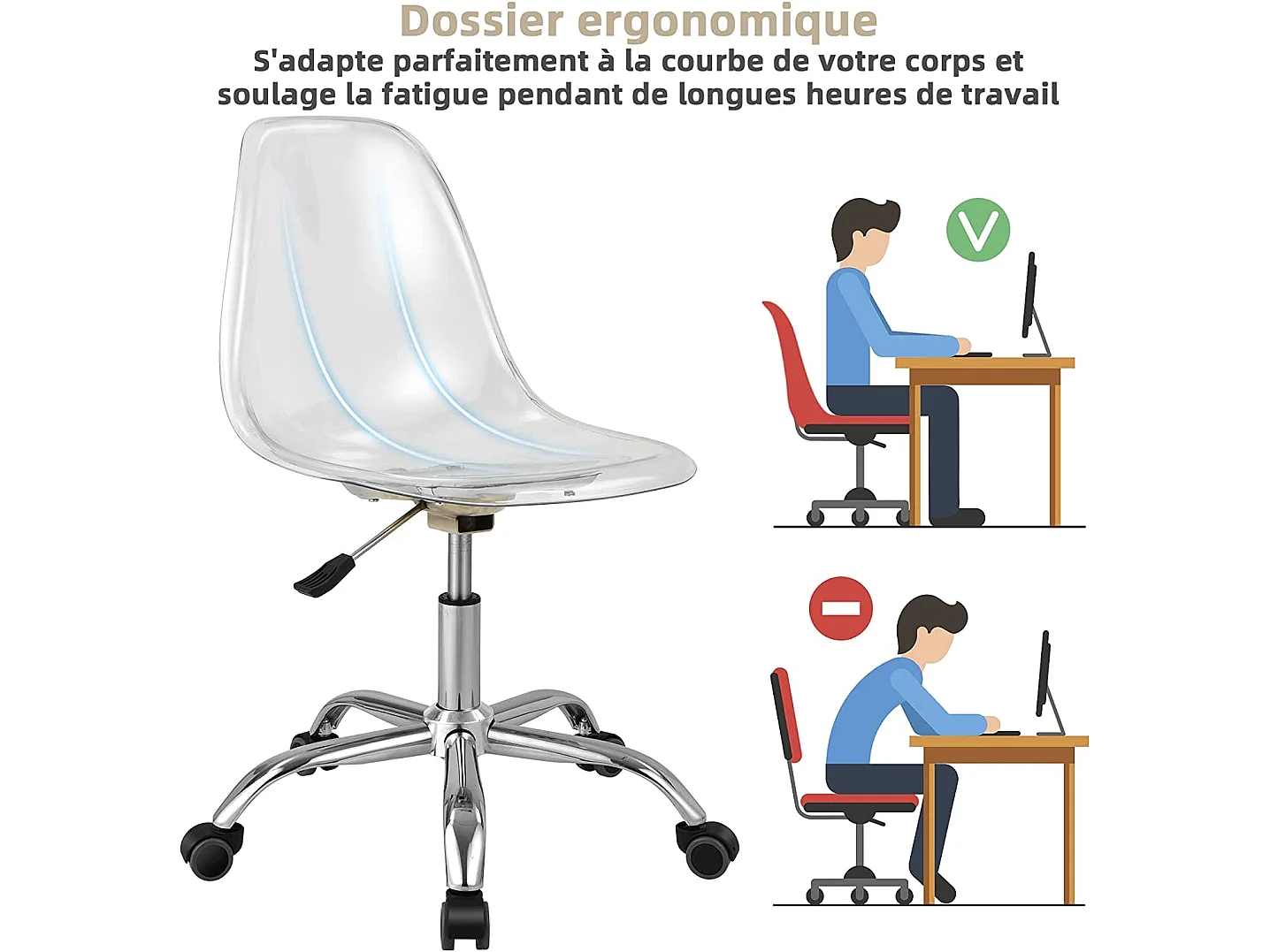 Chaise de Bureau Transparente Style Scandinave, Chaise Pivotante à roulettes Moderne en Acrylique avec Base Chromée Hauteur Réglable 42-52,5 cm