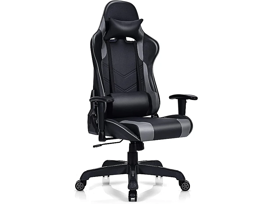 Chaise de Gamer, Fauteuil Gaming Pivotant Ergonomique avec Appui-tête, Support Lombaire, Dossier Inclinable, Charge Max 150kg, Noir et Gris
