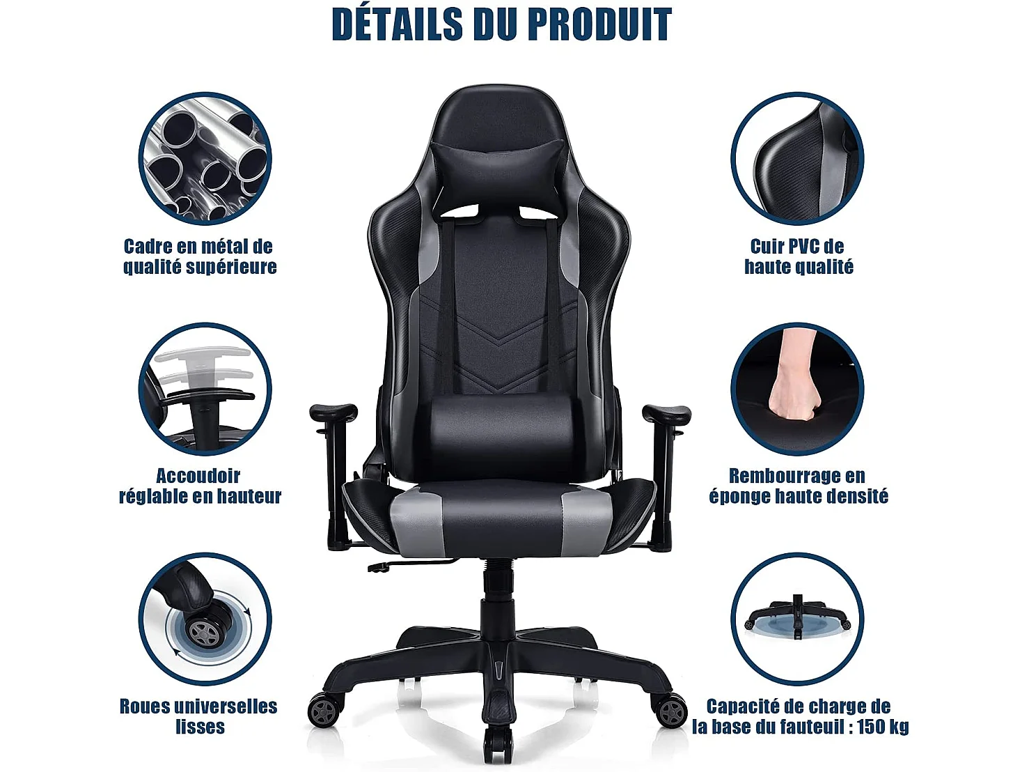 Chaise de Gamer, Fauteuil Gaming Pivotant Ergonomique avec Appui-tête, Support Lombaire, Dossier Inclinable, Charge Max 150kg, Noir et Gris