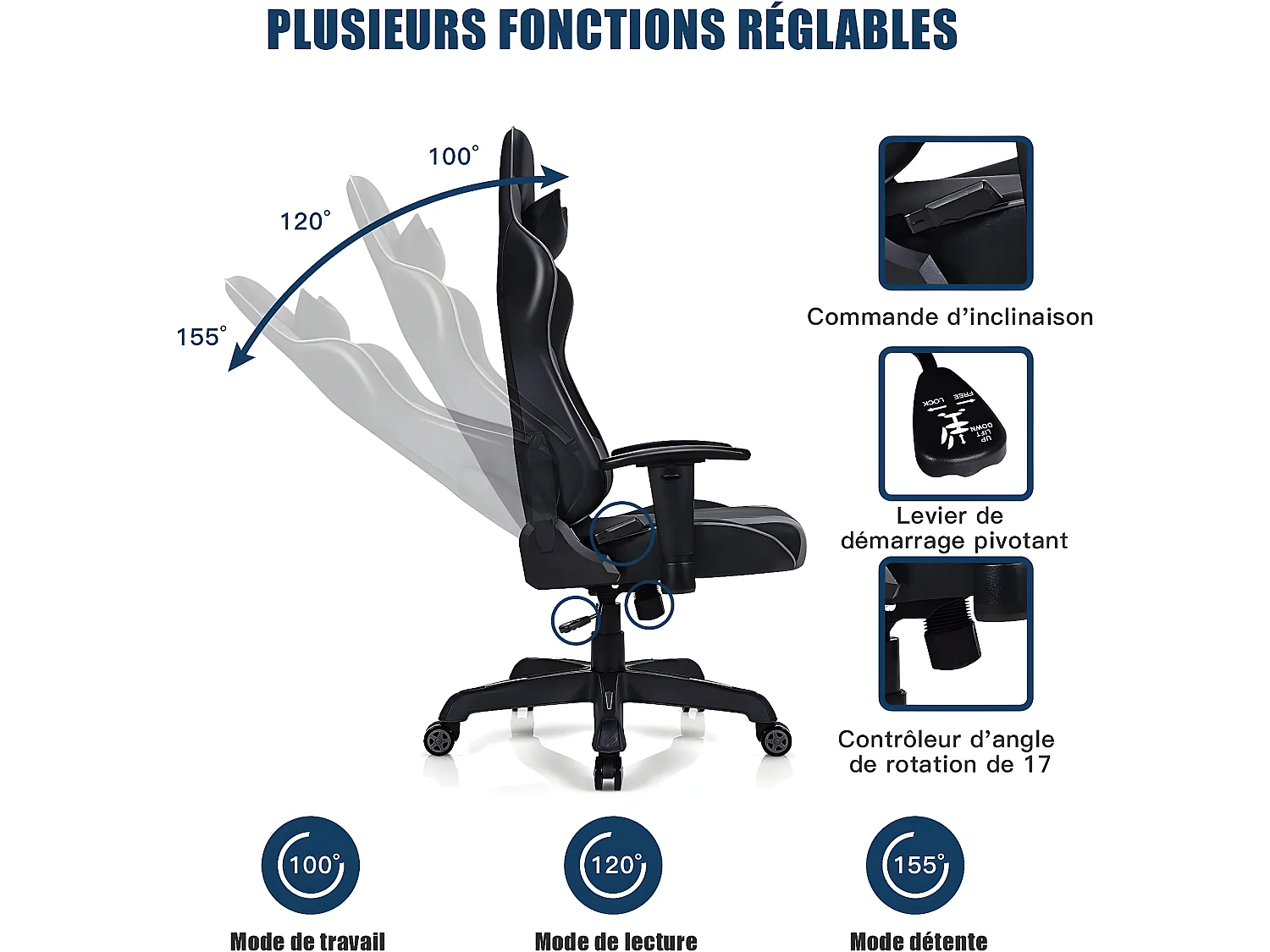 Chaise de Gamer, Fauteuil Gaming Pivotant Ergonomique avec Appui-tête, Support Lombaire, Dossier Inclinable, Charge Max 150kg, Noir et Gris