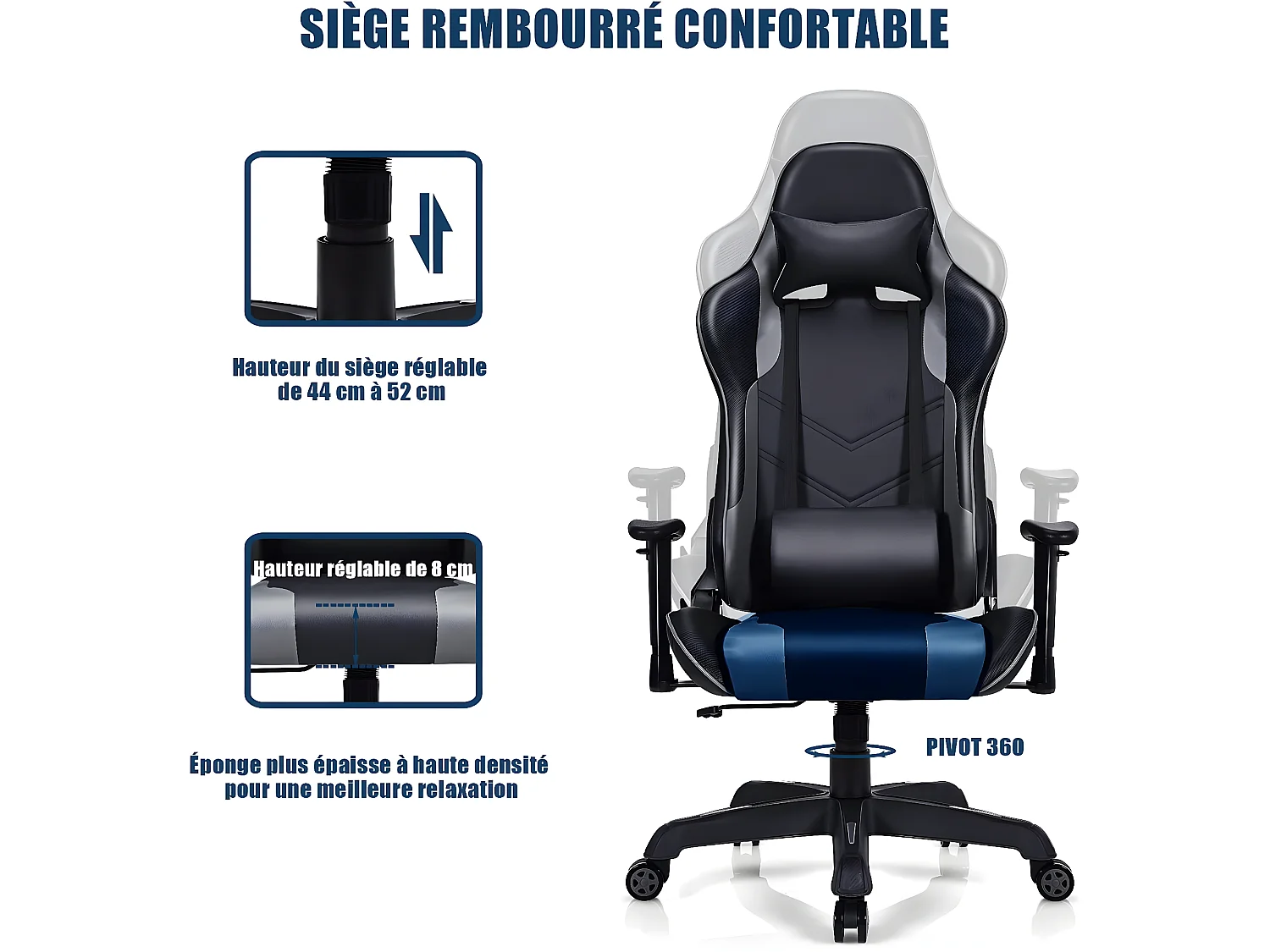 Chaise de Gamer, Fauteuil Gaming Pivotant Ergonomique avec Appui-tête, Support Lombaire, Dossier Inclinable, Charge Max 150kg, Noir et Gris
