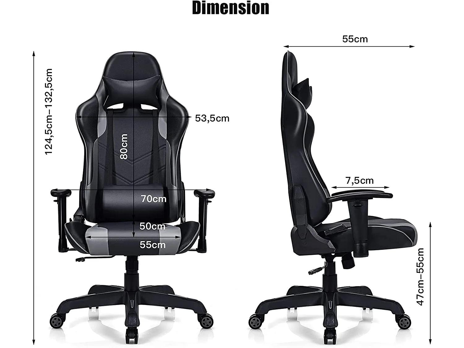 Chaise de Gamer, Fauteuil Gaming Pivotant Ergonomique avec Appui-tête, Support Lombaire, Dossier Inclinable, Charge Max 150kg, Noir et Gris