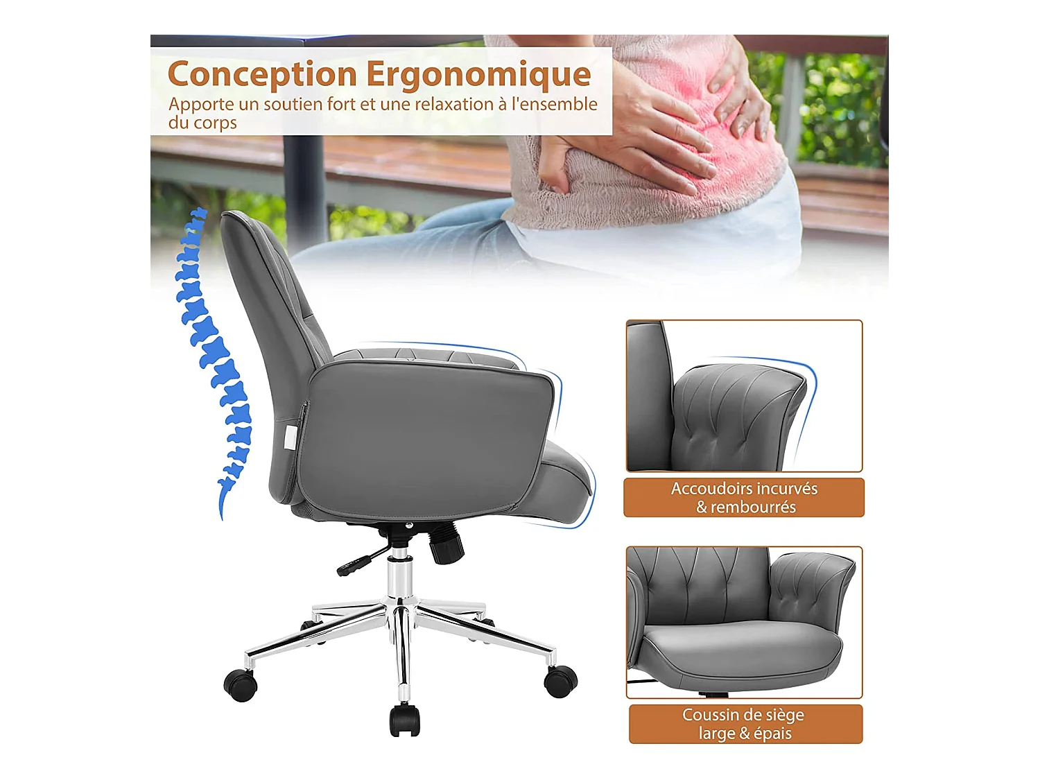 Moderne PU-lederen bureaustoel, in hoogte verstelbare schommelstoel, gewatteerde armleuningen voor gamen en werken