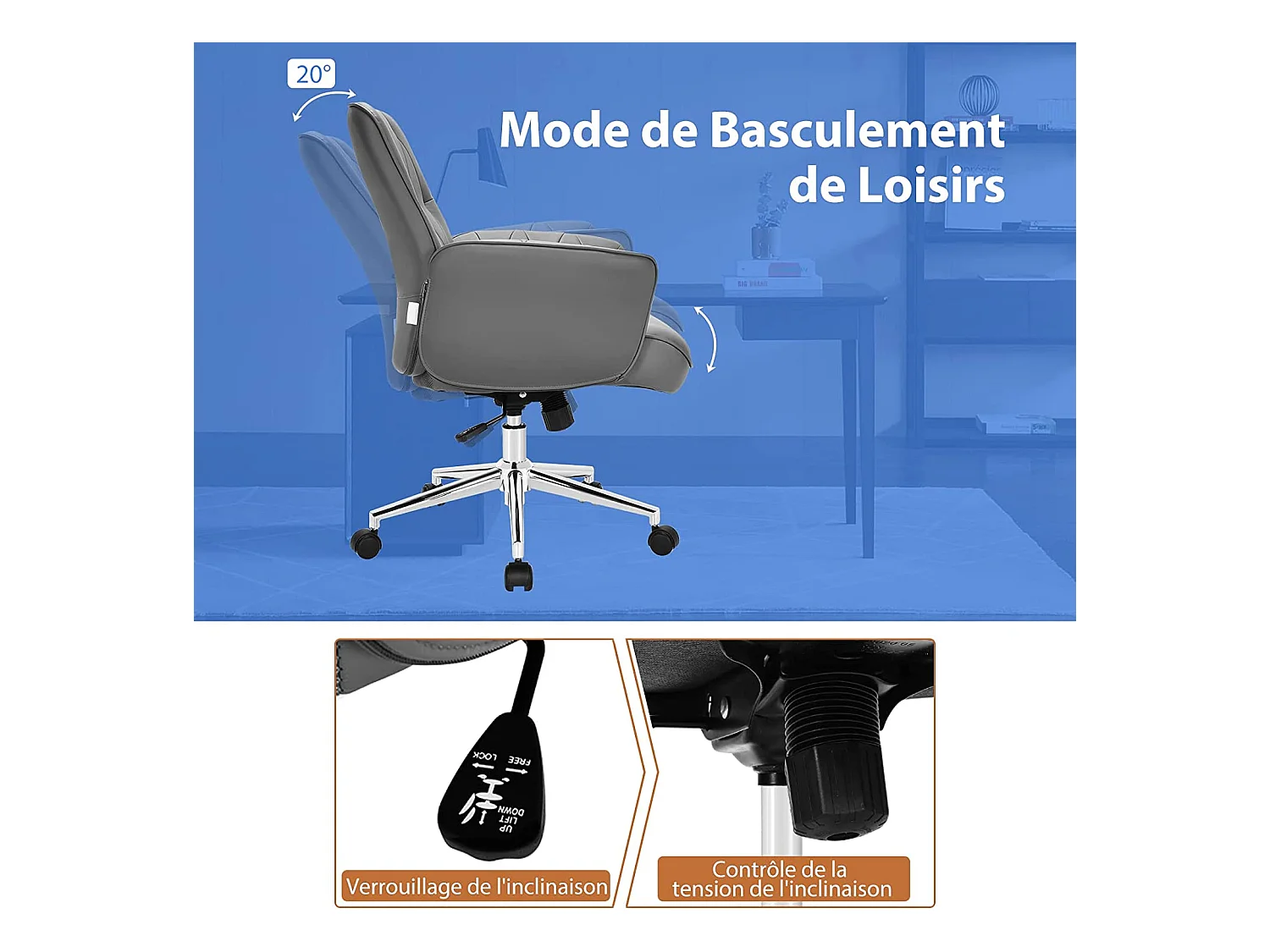 Moderne PU-lederen bureaustoel, in hoogte verstelbare schommelstoel, gewatteerde armleuningen voor gamen en werken