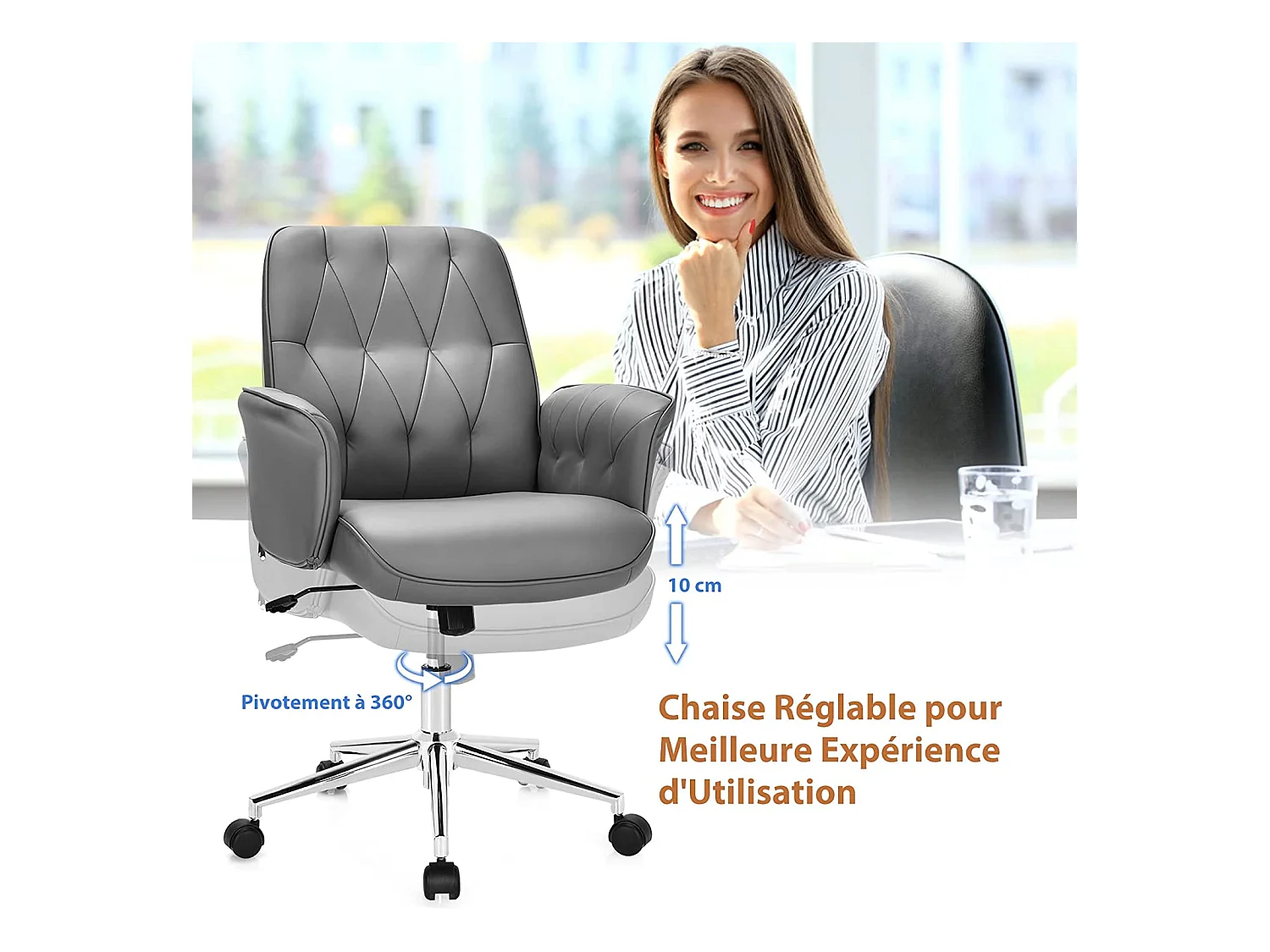 Moderne PU-lederen bureaustoel, in hoogte verstelbare schommelstoel, gewatteerde armleuningen voor gamen en werken