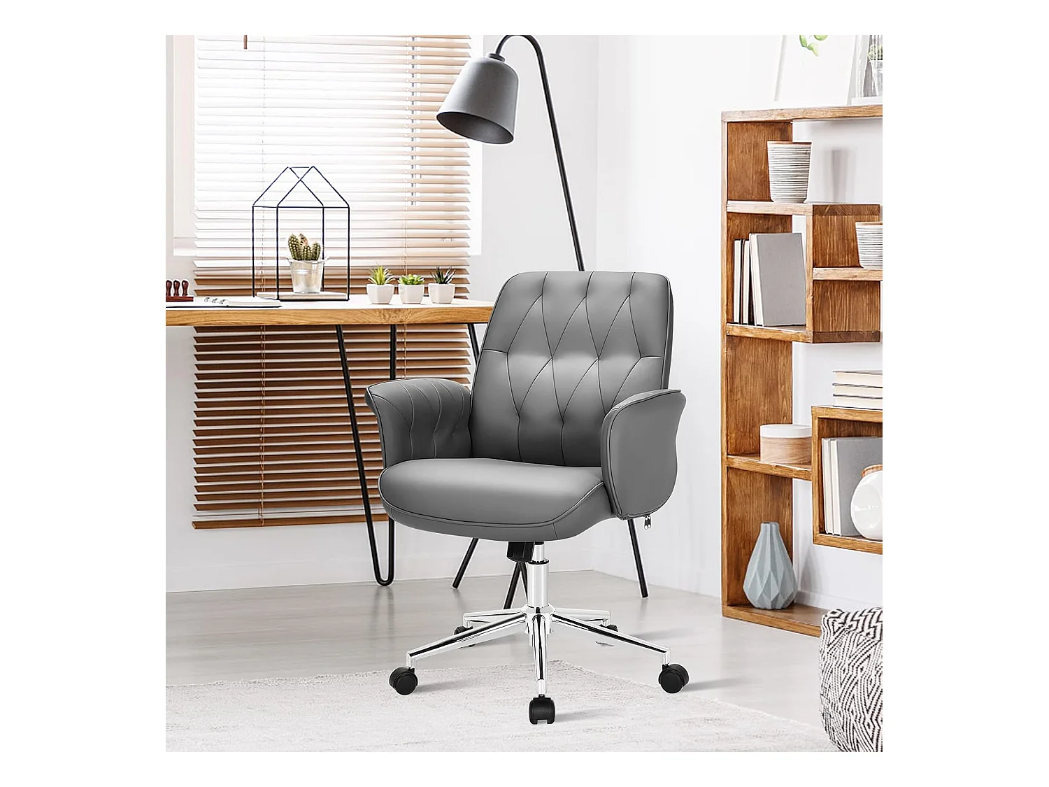 Moderne PU-lederen bureaustoel, in hoogte verstelbare schommelstoel, gewatteerde armleuningen voor gamen en werken