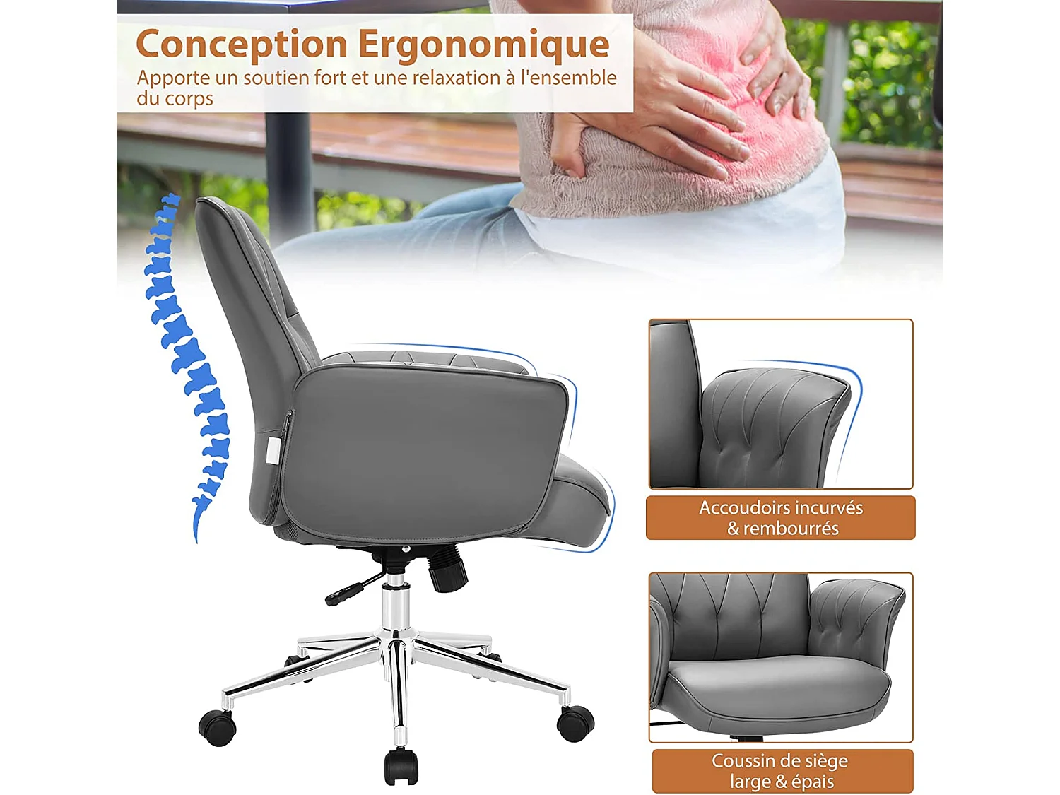 Fauteuil de Bureau Moderne en Cuir PU, Chaise Siège de Bureau à Bascule Réglable en Hauteur, Accoudoirs Rembourrés pour Les Jeux et Le Travail