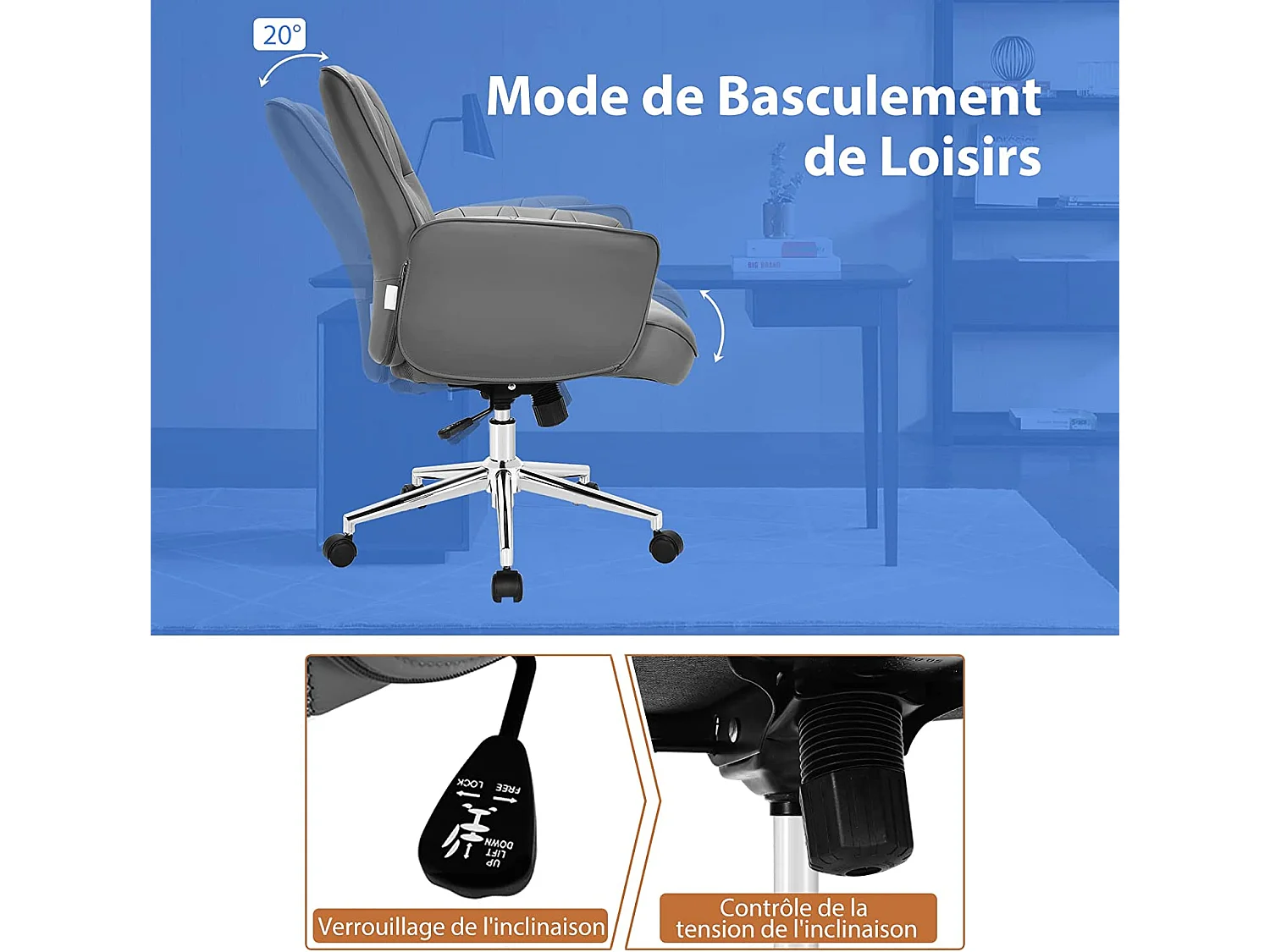 Fauteuil de Bureau Moderne en Cuir PU, Chaise Siège de Bureau à Bascule Réglable en Hauteur, Accoudoirs Rembourrés pour Les Jeux et Le Travail