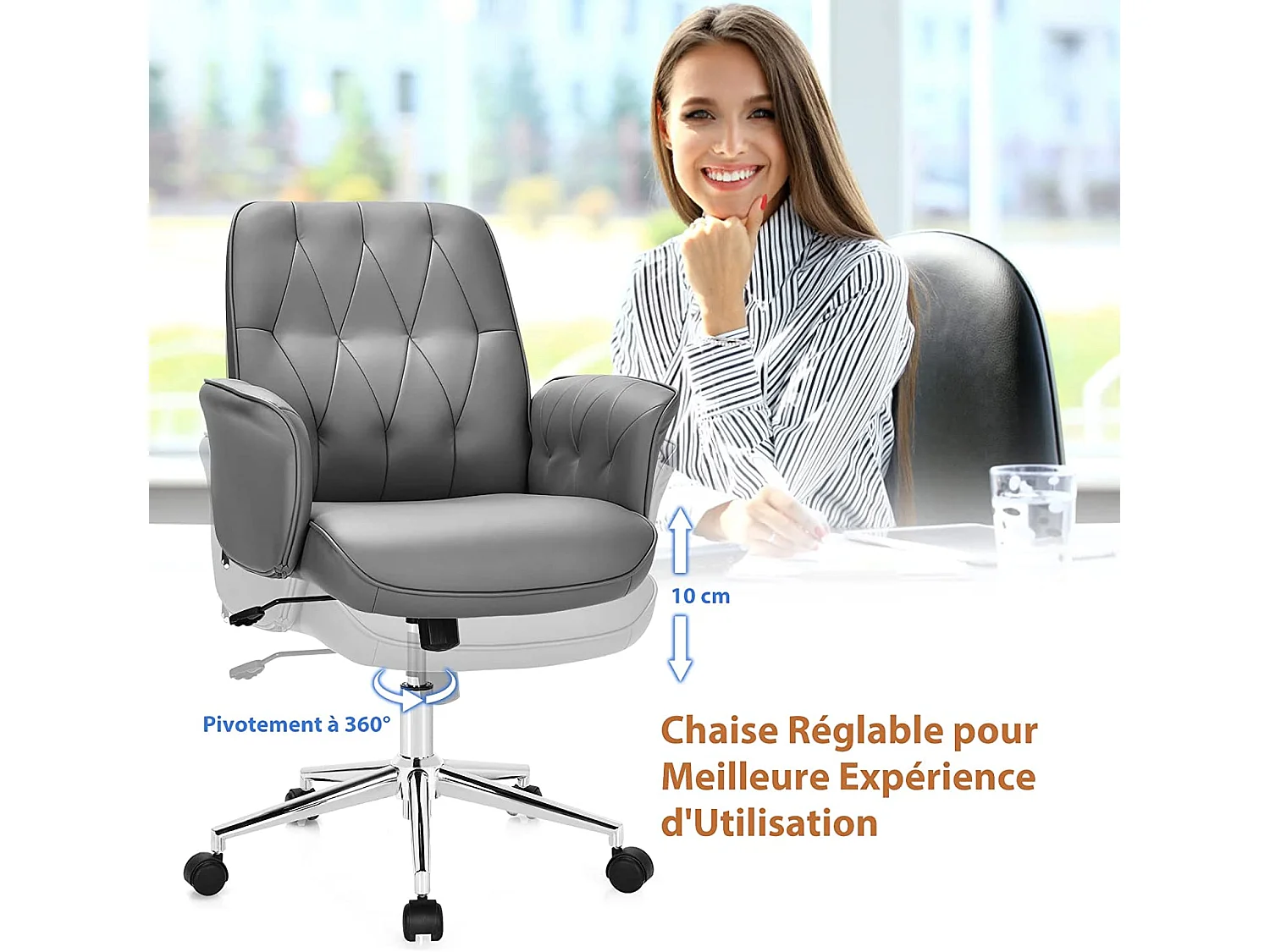 Fauteuil de Bureau Moderne en Cuir PU, Chaise Siège de Bureau à Bascule Réglable en Hauteur, Accoudoirs Rembourrés pour Les Jeux et Le Travail