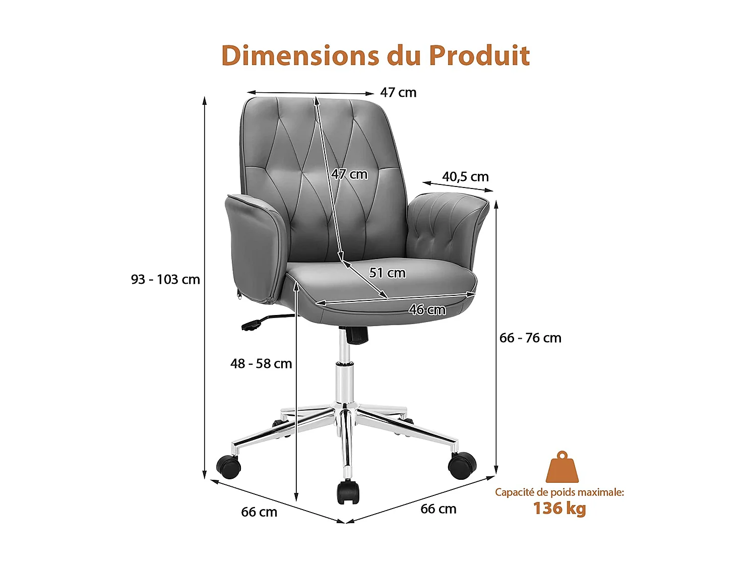 Fauteuil de Bureau Moderne en Cuir PU, Chaise Siège de Bureau à Bascule Réglable en Hauteur, Accoudoirs Rembourrés pour Les Jeux et Le Travail