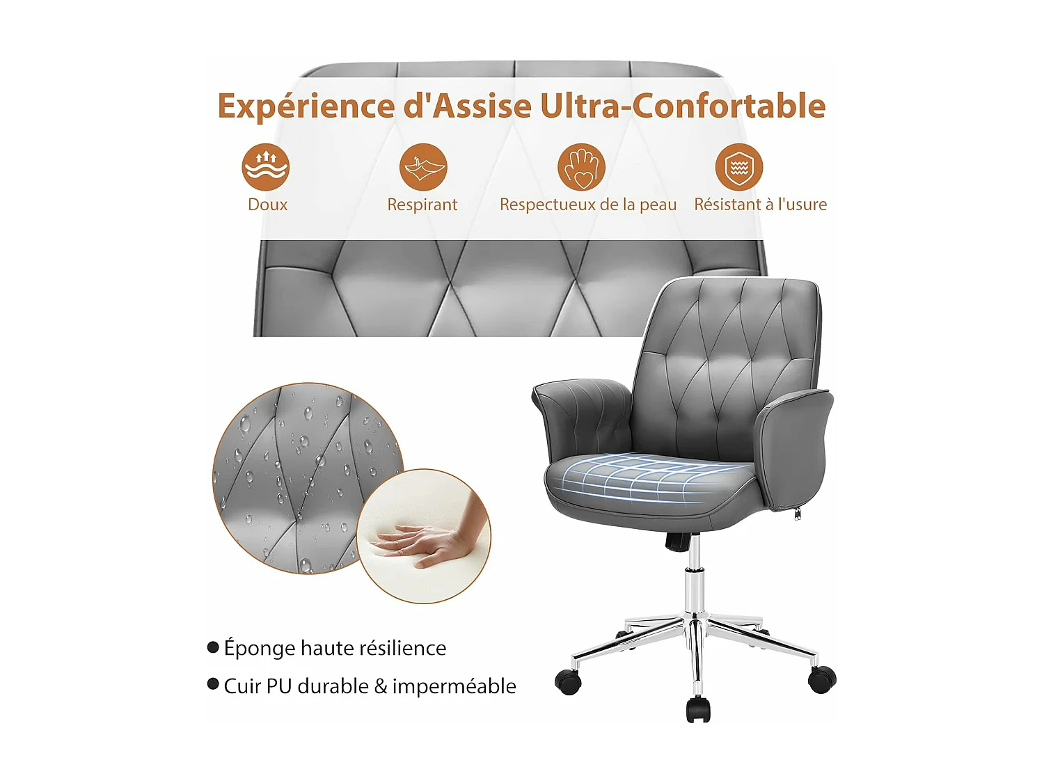 Fauteuil de Bureau Moderne en Cuir PU, Chaise Siège de Bureau à Bascule Réglable en Hauteur, Accoudoirs Rembourrés pour Les Jeux et Le Travail