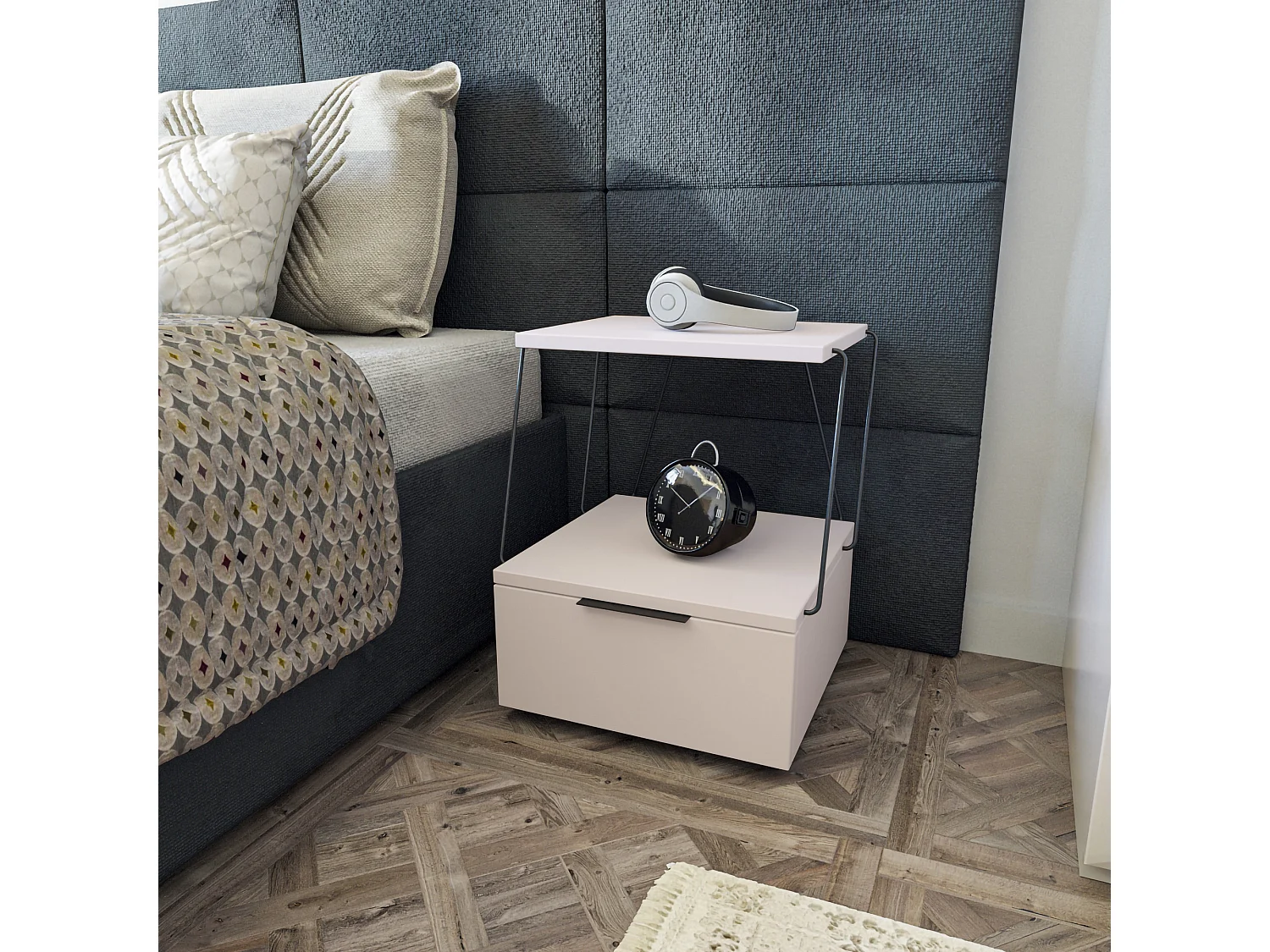 Table de chevet, 100% aggloméré plaqué mélamine, couleur blanc 42x52x41