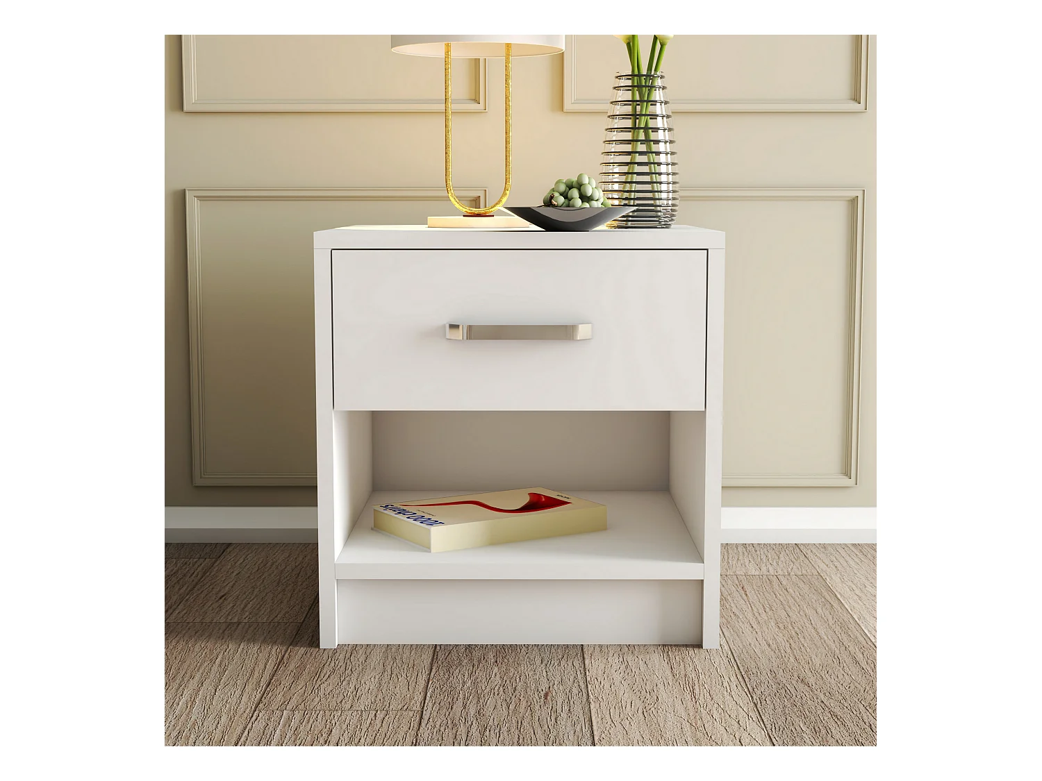 Table de chevet,  100% aggloméré plaqué mélamine, couleur blanc 52x46.8x45