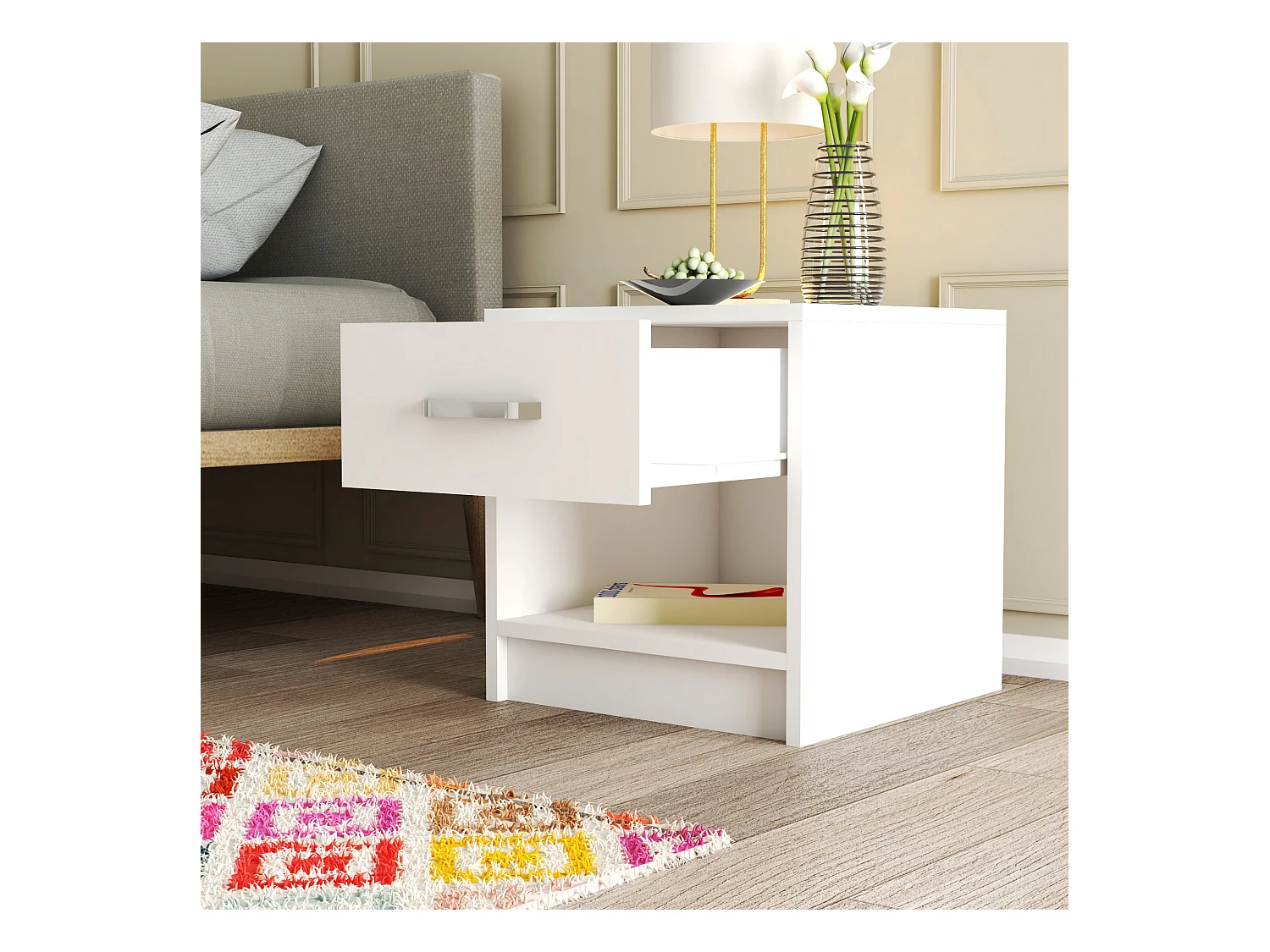 Table de chevet,  100% aggloméré plaqué mélamine, couleur blanc 52x46.8x45