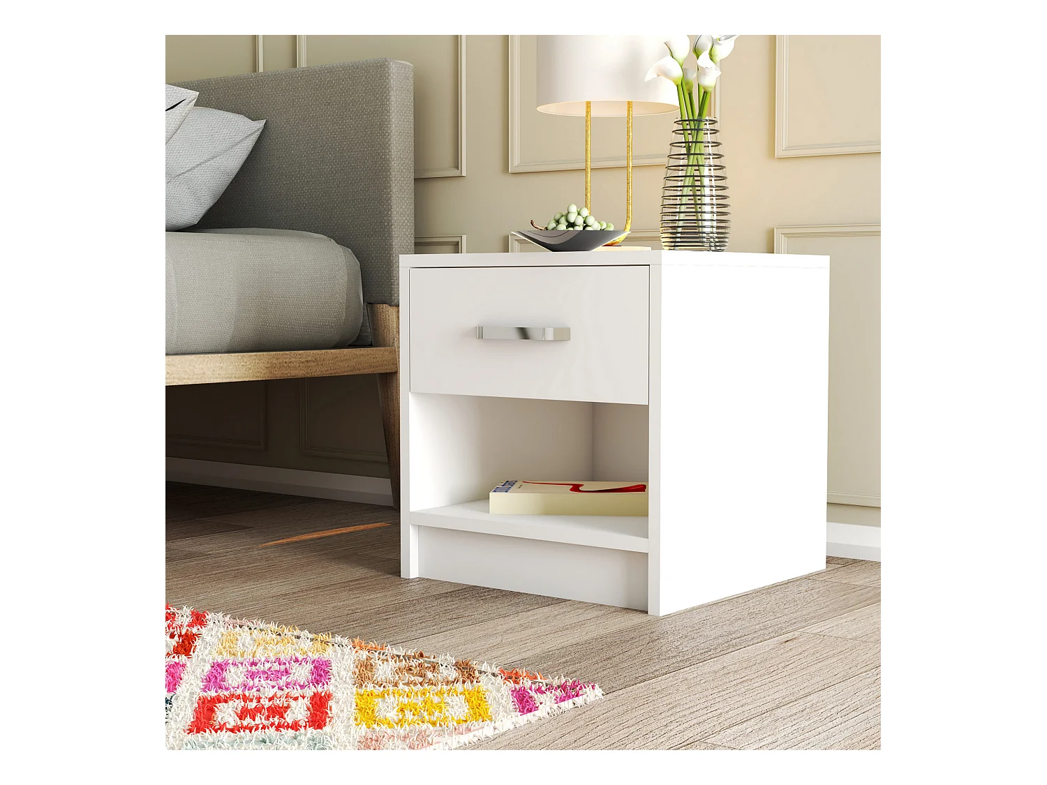 Table de chevet,  100% aggloméré plaqué mélamine, couleur blanc 52x46.8x45