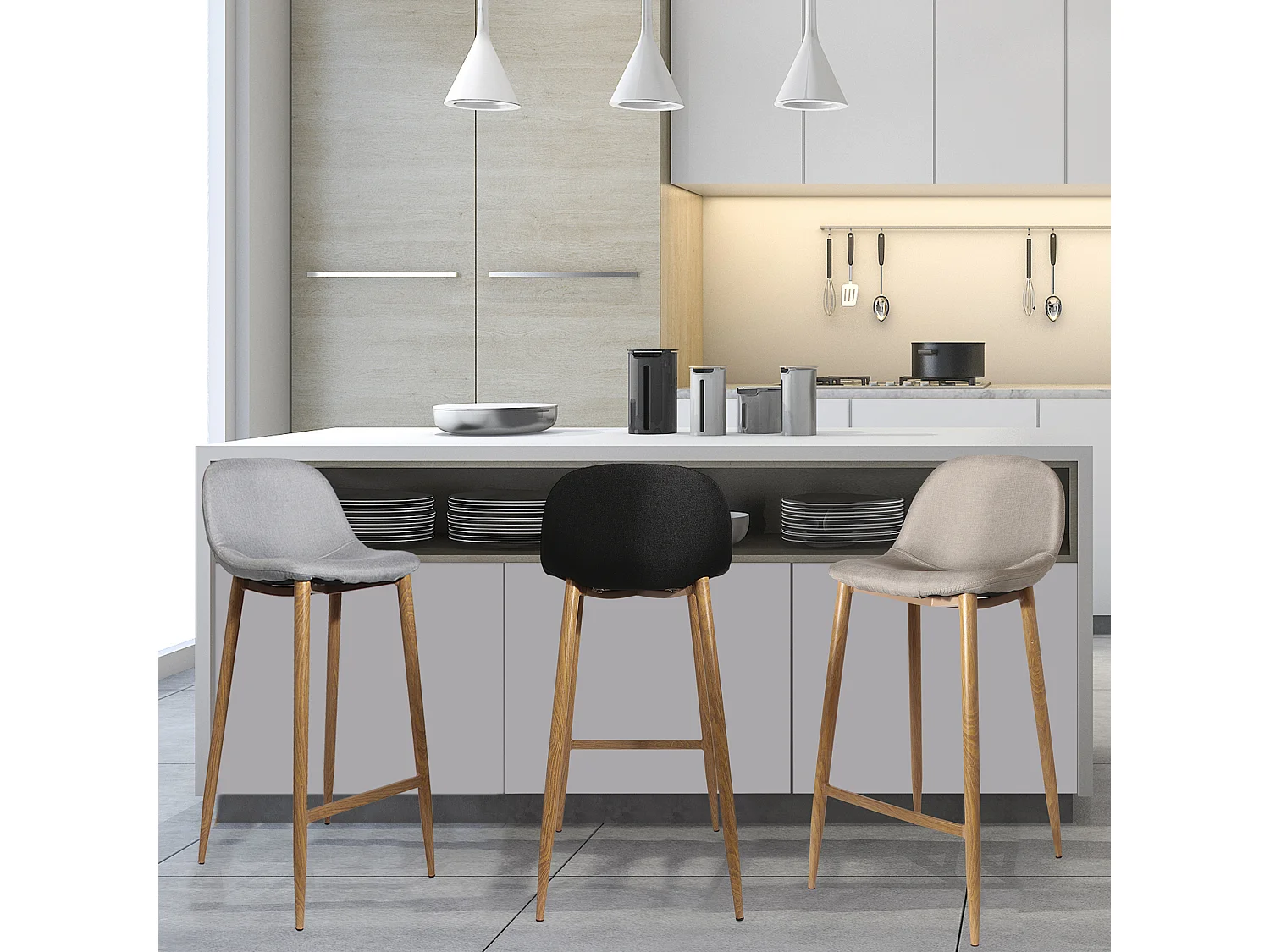 Tabouret De Bar Tissu Gris Pieds Metal - Lot De 4 Gris