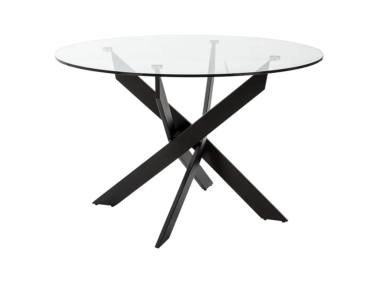 DESIAL - Table Ronde Ø120cm Plateau en Verre Piétement Croisé Métal Noir