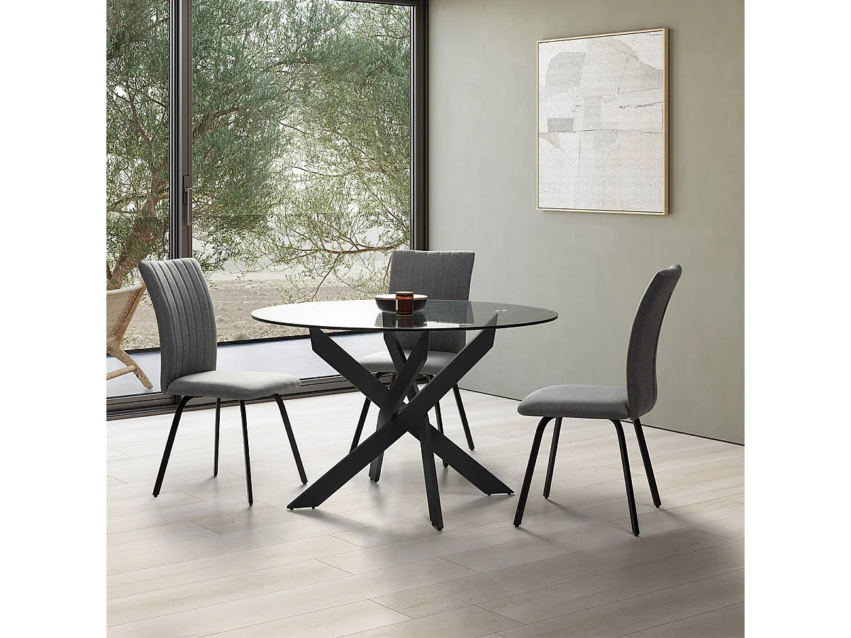 DESIAL - Table Ronde Ø120cm Plateau en Verre Piétement Croisé Métal Noir