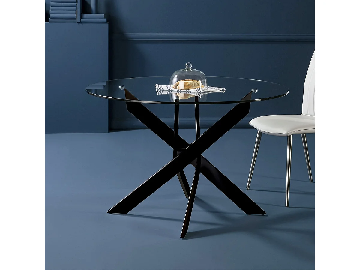 DESIAL - Table Ronde Ø120cm Plateau en Verre Piétement Croisé Métal Noir