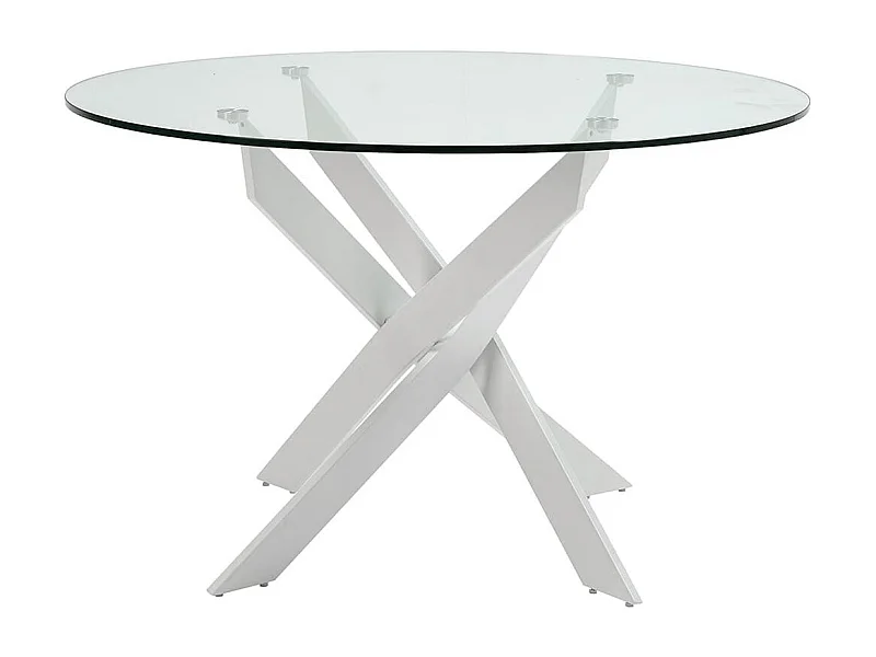 RITHA - Table Ronde 120cm Pieds Métal Blanc et Plateau en Verre