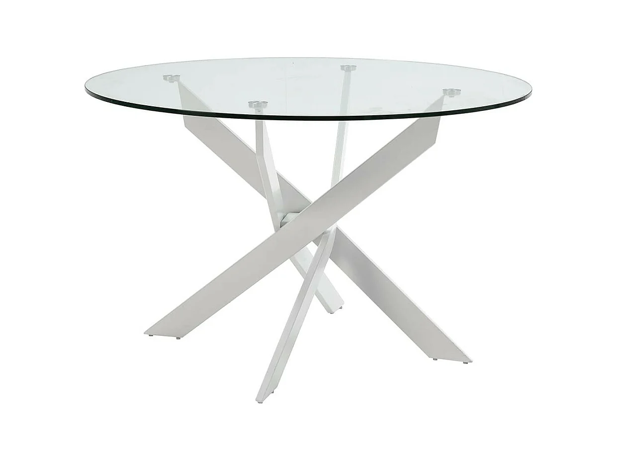 RITHA - Table Ronde 120cm Pieds Métal Blanc et Plateau en Verre