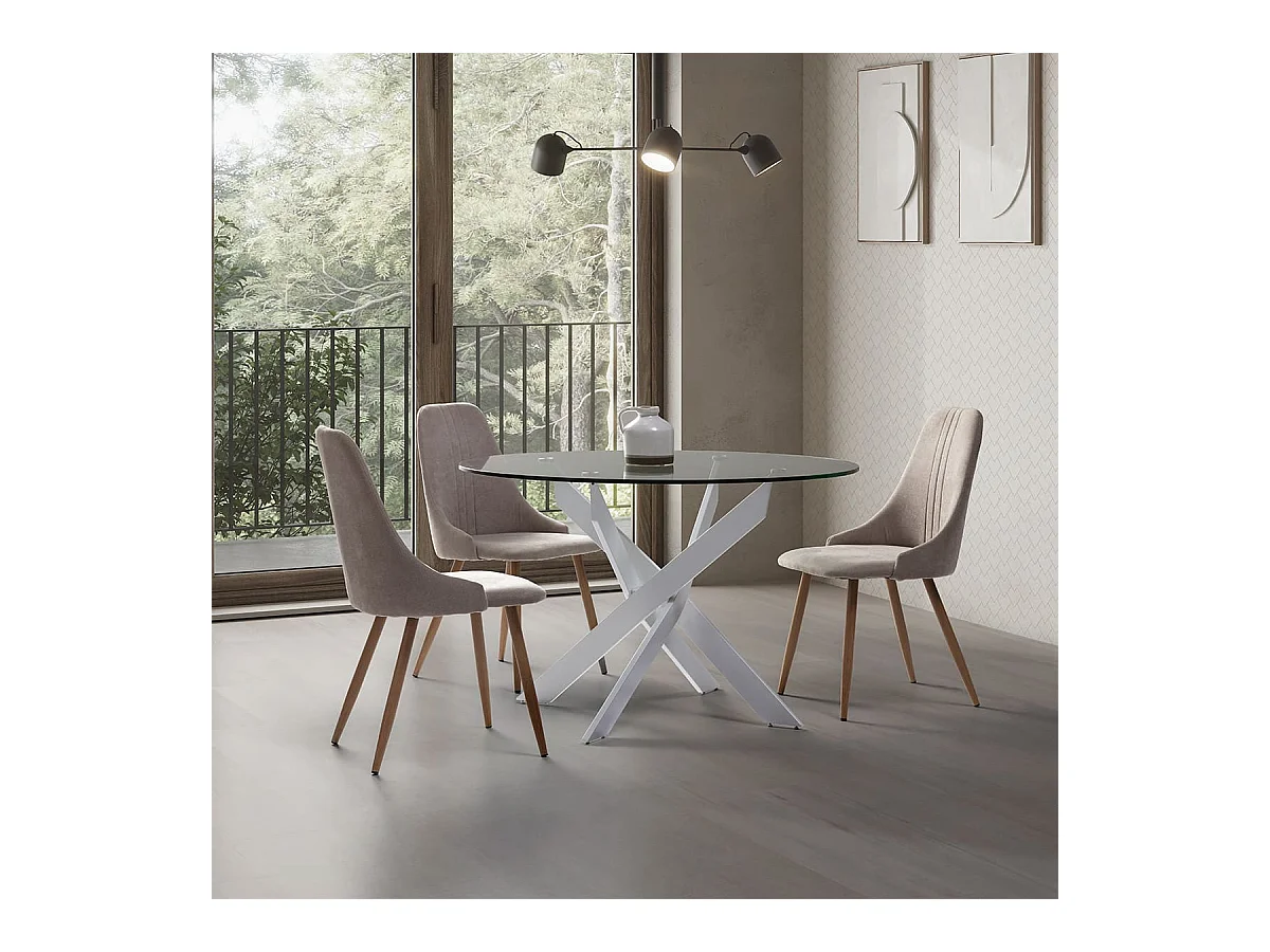 RITHA - Table Ronde 120cm Pieds Métal Blanc et Plateau en Verre