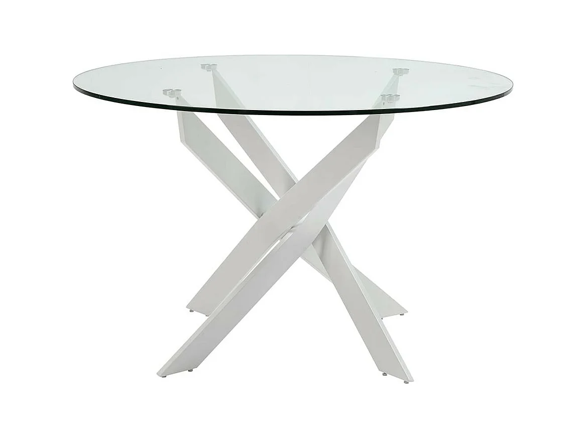 RITHA - Table Ronde 120cm Pieds Métal Blanc et Plateau en Verre