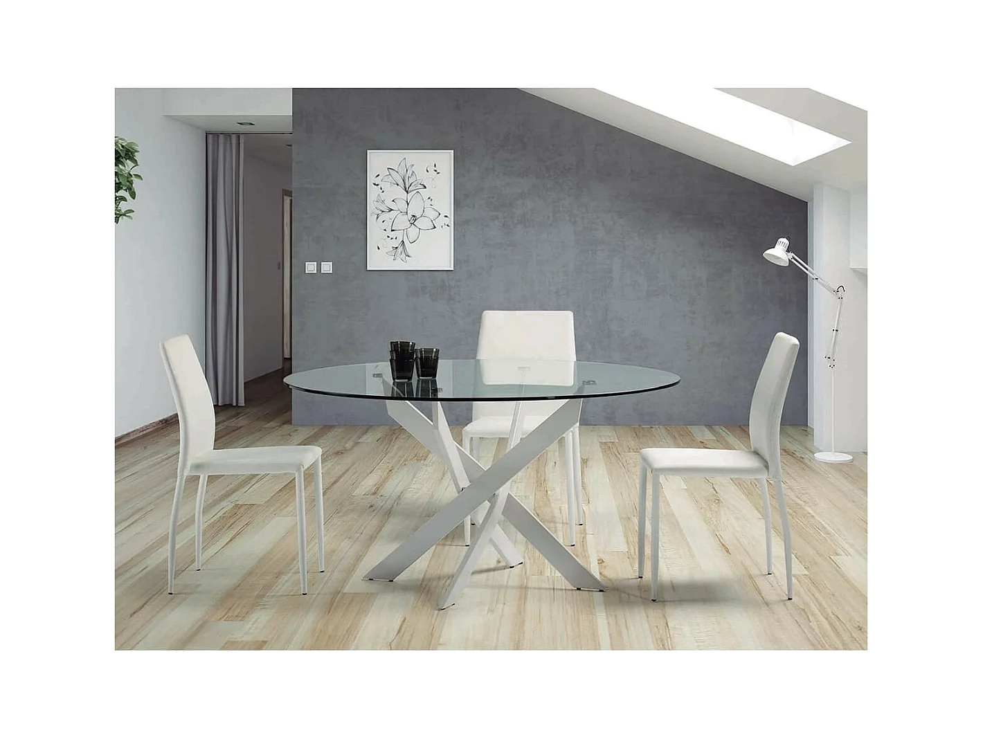 RITHA - Table Ronde 120cm Pieds Métal Blanc et Plateau en Verre