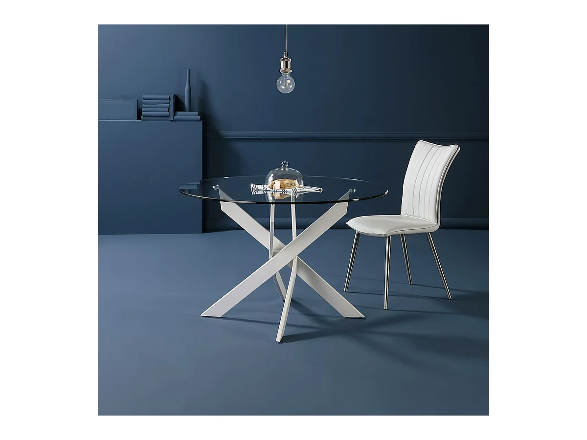 RITHA - Table Ronde 120cm Pieds Métal Blanc et Plateau en Verre