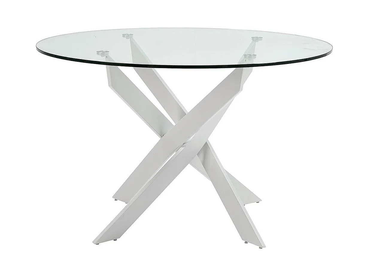 RITHA - Table Ronde 120cm Pieds Métal Blanc et Plateau en Verre