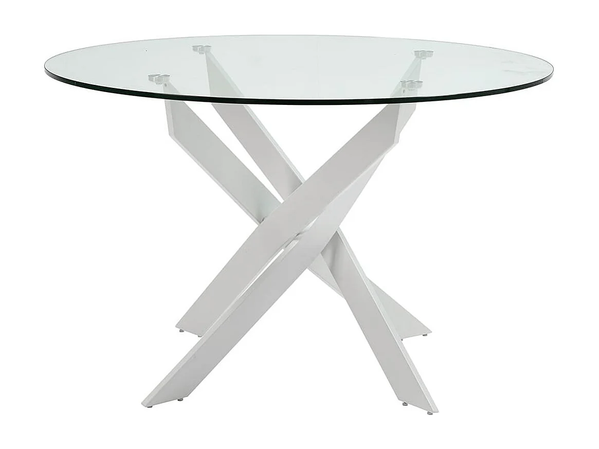 RITHA - Table Ronde 120cm Pieds Métal Blanc et Plateau en Verre