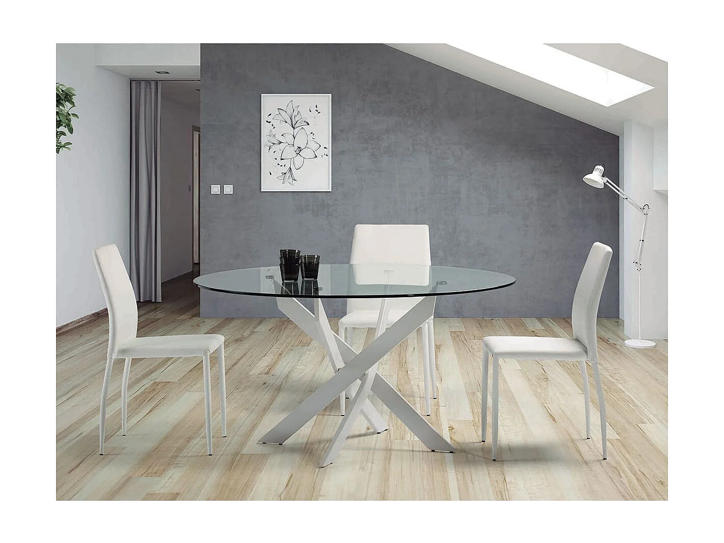 RITHA - Table Ronde 120cm Pieds Métal Blanc et Plateau en Verre