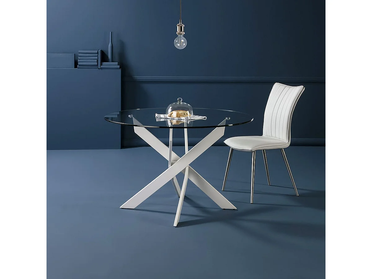 RITHA - Table Ronde 120cm Pieds Métal Blanc et Plateau en Verre