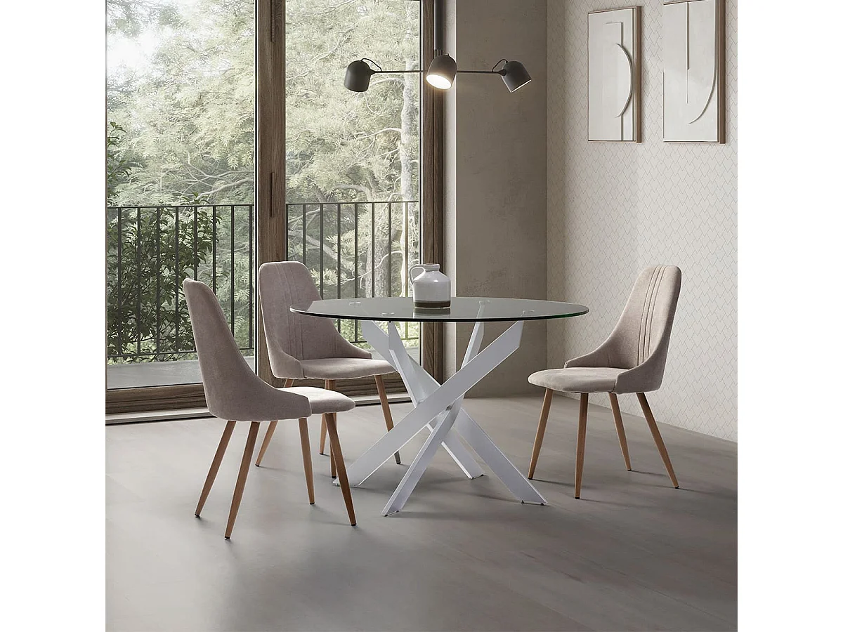 RITHA - Table Ronde 120cm Pieds Métal Blanc et Plateau en Verre