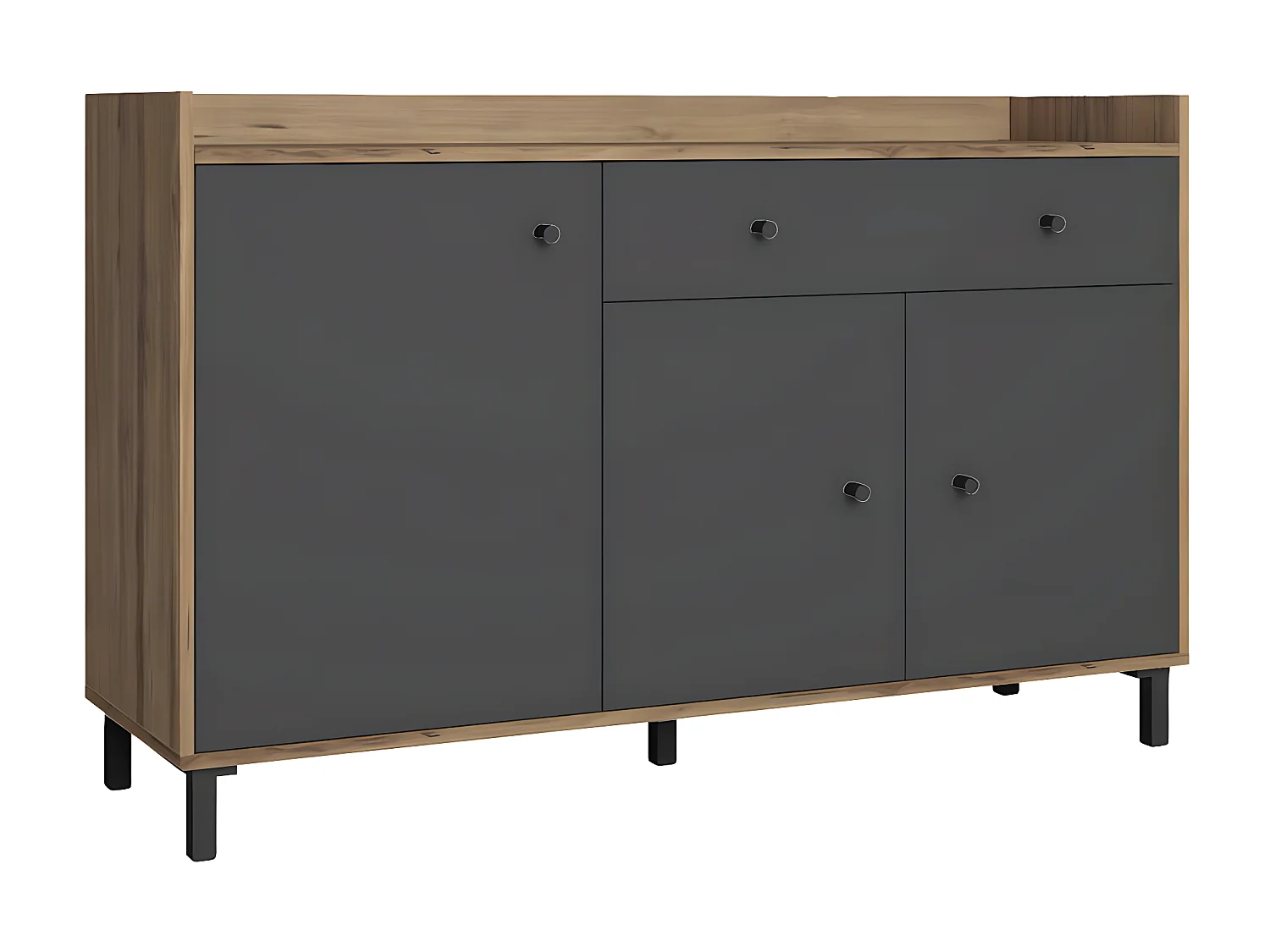 RICQ - Buffet 3 Portes 1 Tiroir Gris Anthracite et Aspect Noyer