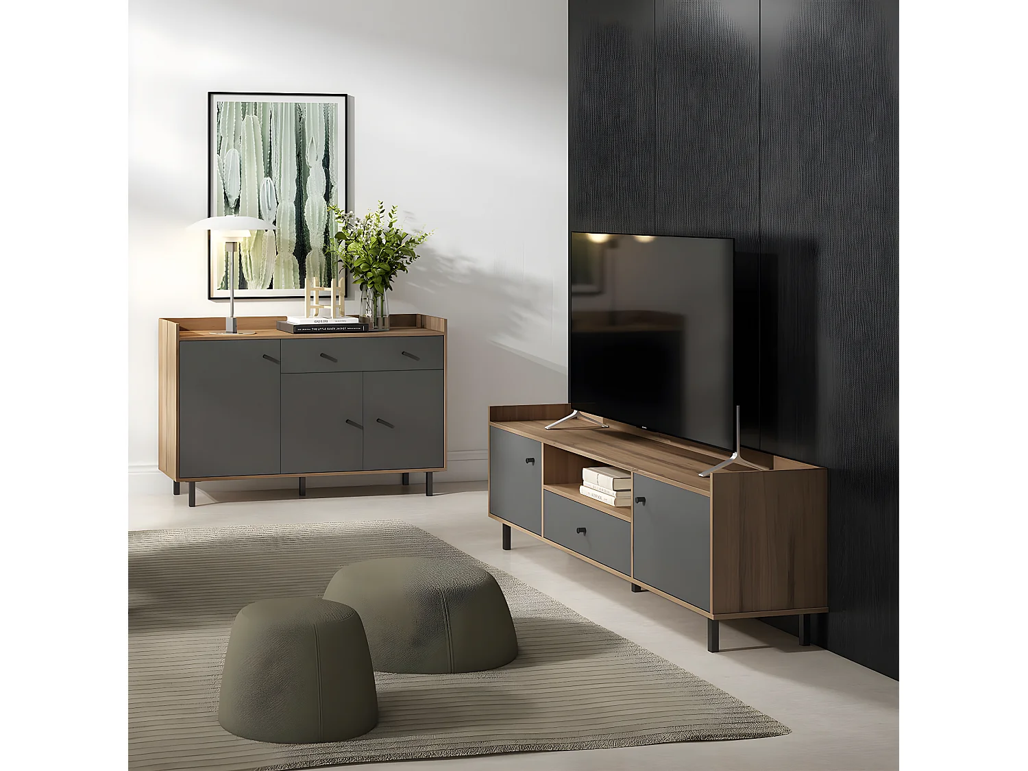 RICQ - Buffet 3 Portes 1 Tiroir Gris Anthracite et Aspect Noyer