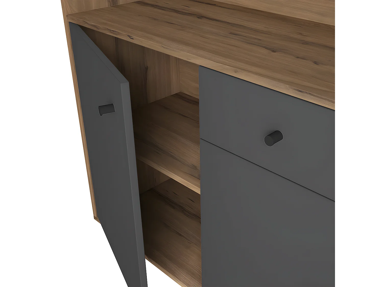 RICQ - Buffet 3 Portes 1 Tiroir Gris Anthracite et Aspect Noyer